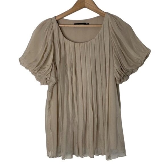 Miss Me MM Couture Silk Blouse Pleated Short Sleeve Taupe Beige Size Small - Picture 2 of 10
